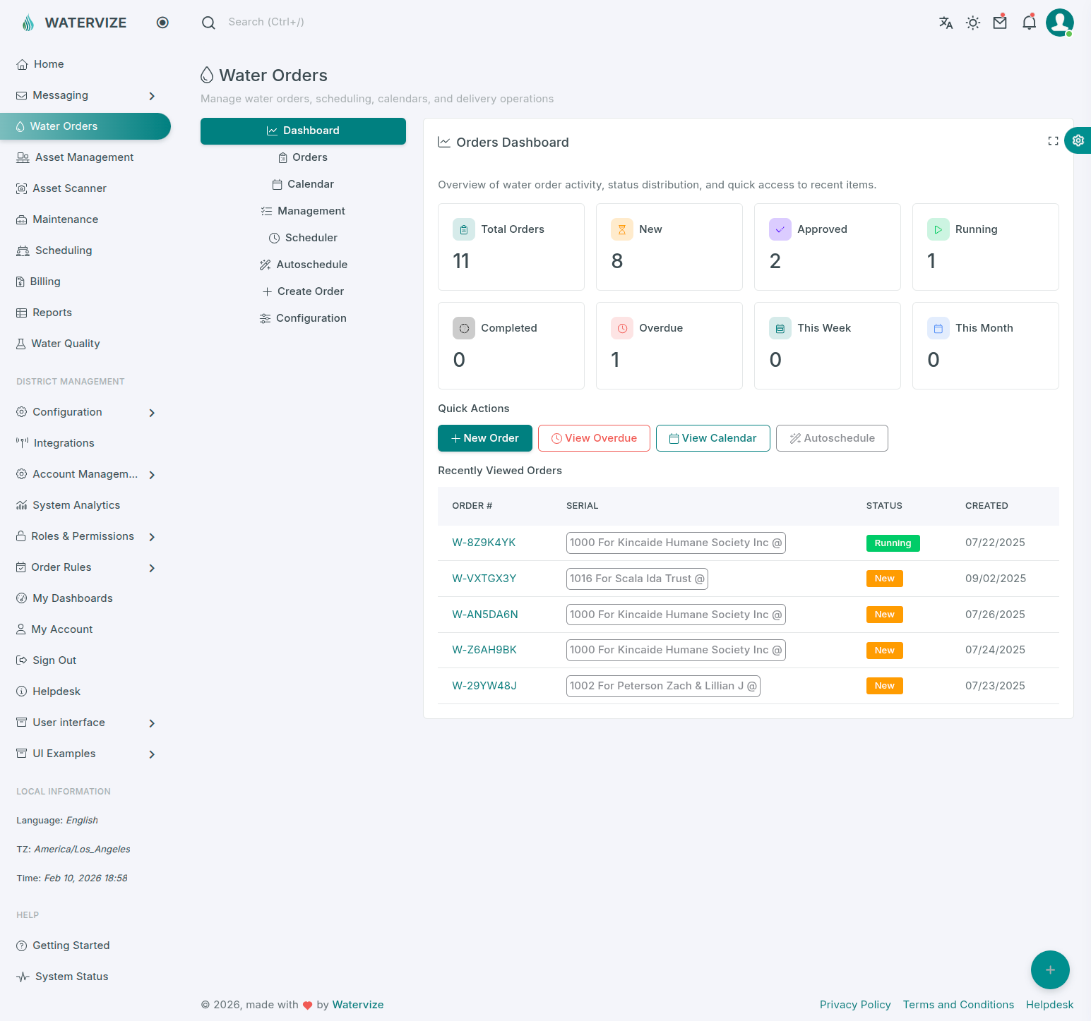 Screenshot of the water order management dashboard page in Watervize